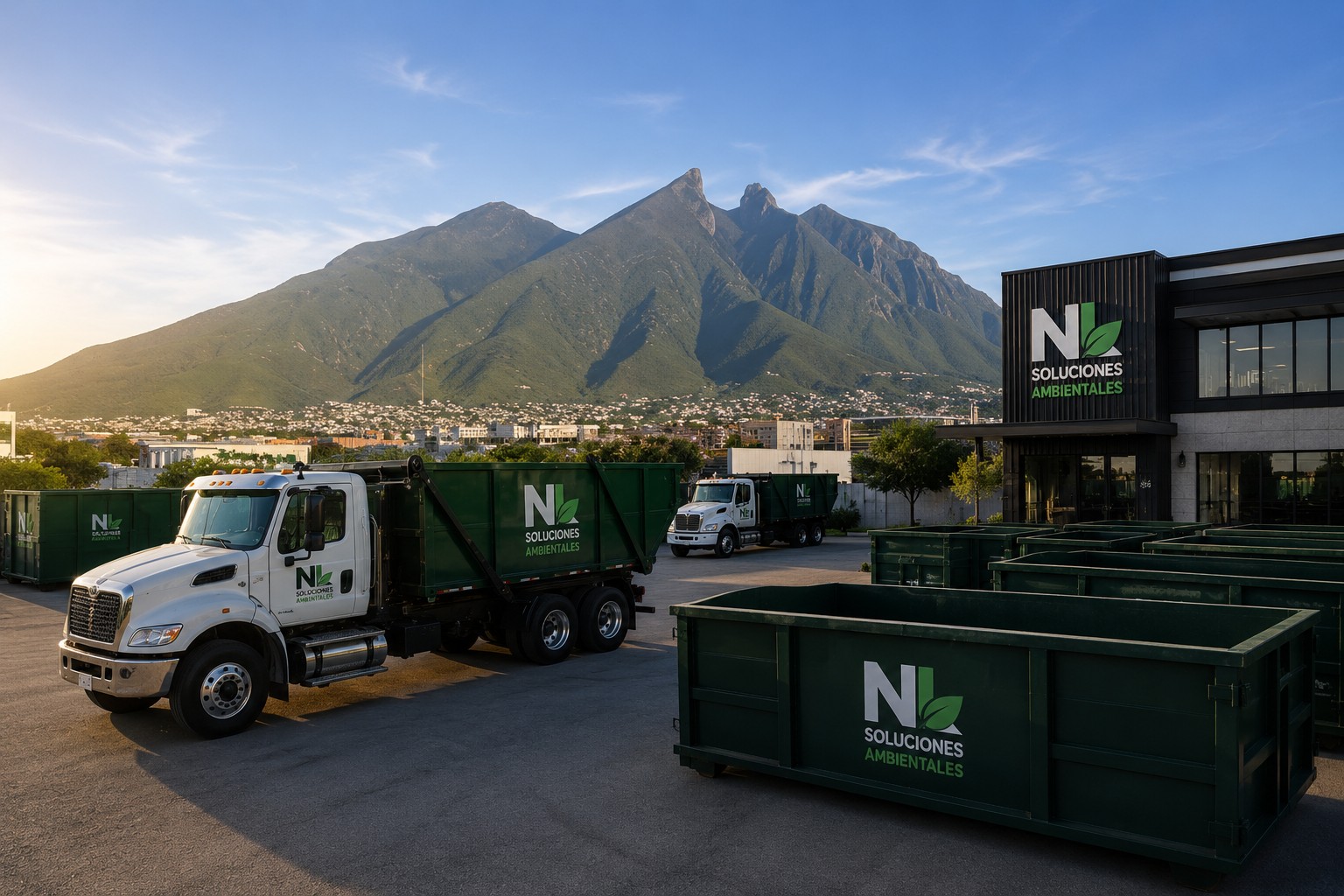 Patio de operaciones de NL Soluciones Ambientales con flota y contenedores, Cerro de la Silla de fondo